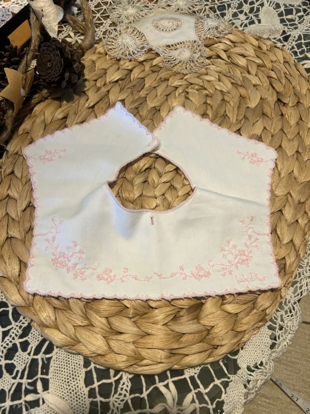 Vintage Handmade White Baby Bib with Pink Embroidery